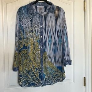 Peter Nygard Blue and Yellow 3/4 Sleeve Button Down Blouse